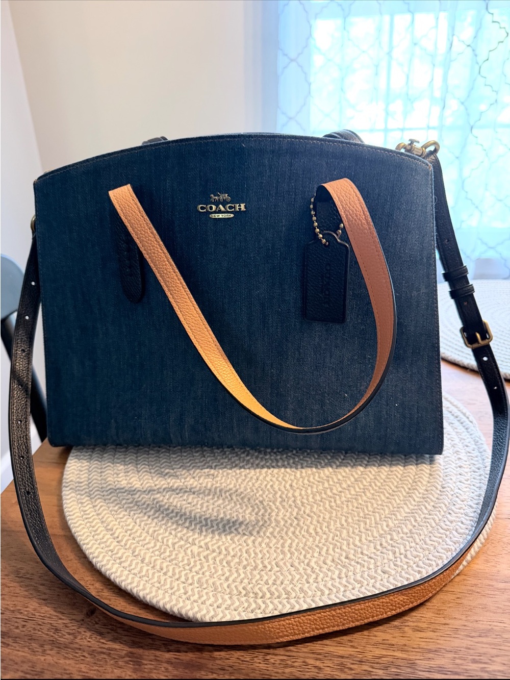 Coach Dark Denim Tote with Tan Straps